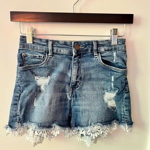 H&M Denim Blue Cutoff Jean Shorts w/ White Lace Trim